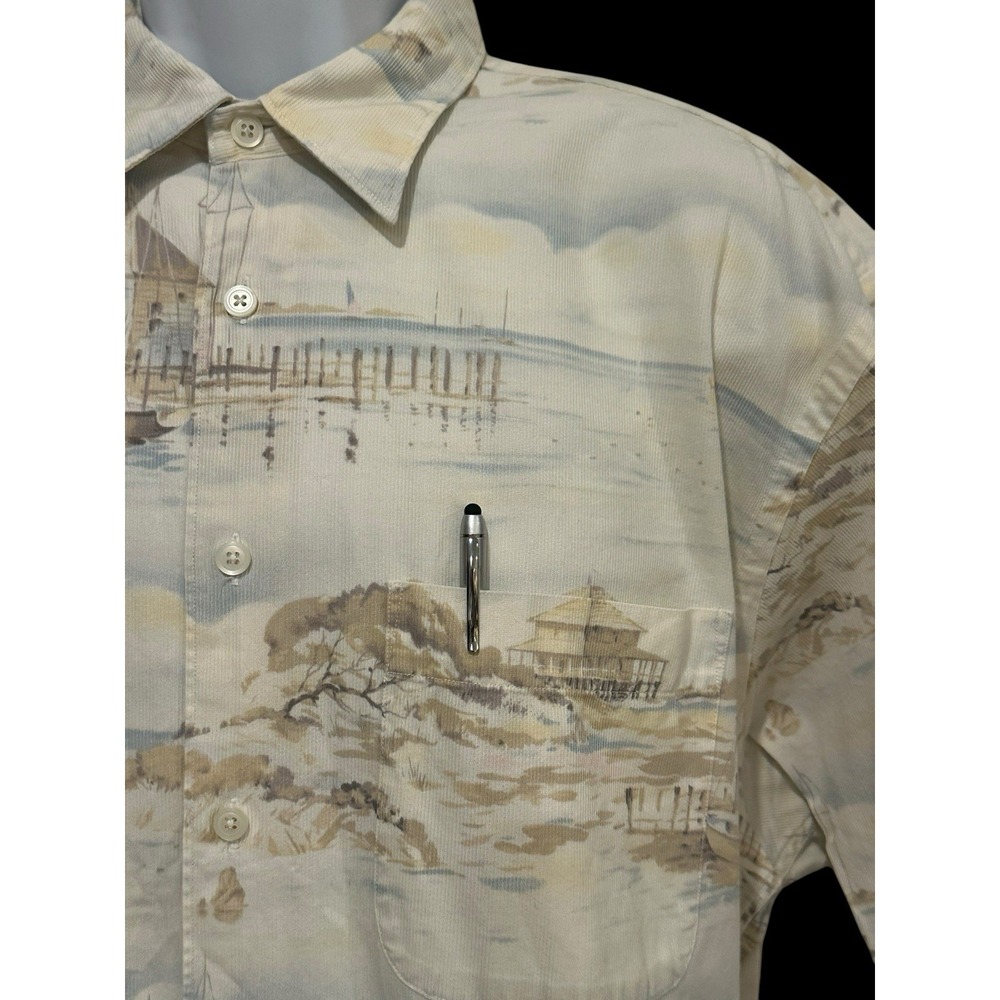 Nautica‎ Men Shirt Camp L XL Cape Cod Shore All Over Print Light Corduroy VTG